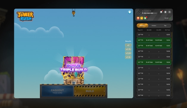 Tower Rush argent réel – interface de jeu avec mises