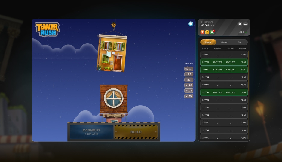 Tower Rush jeu casino Galaxsys – interface de démonstration